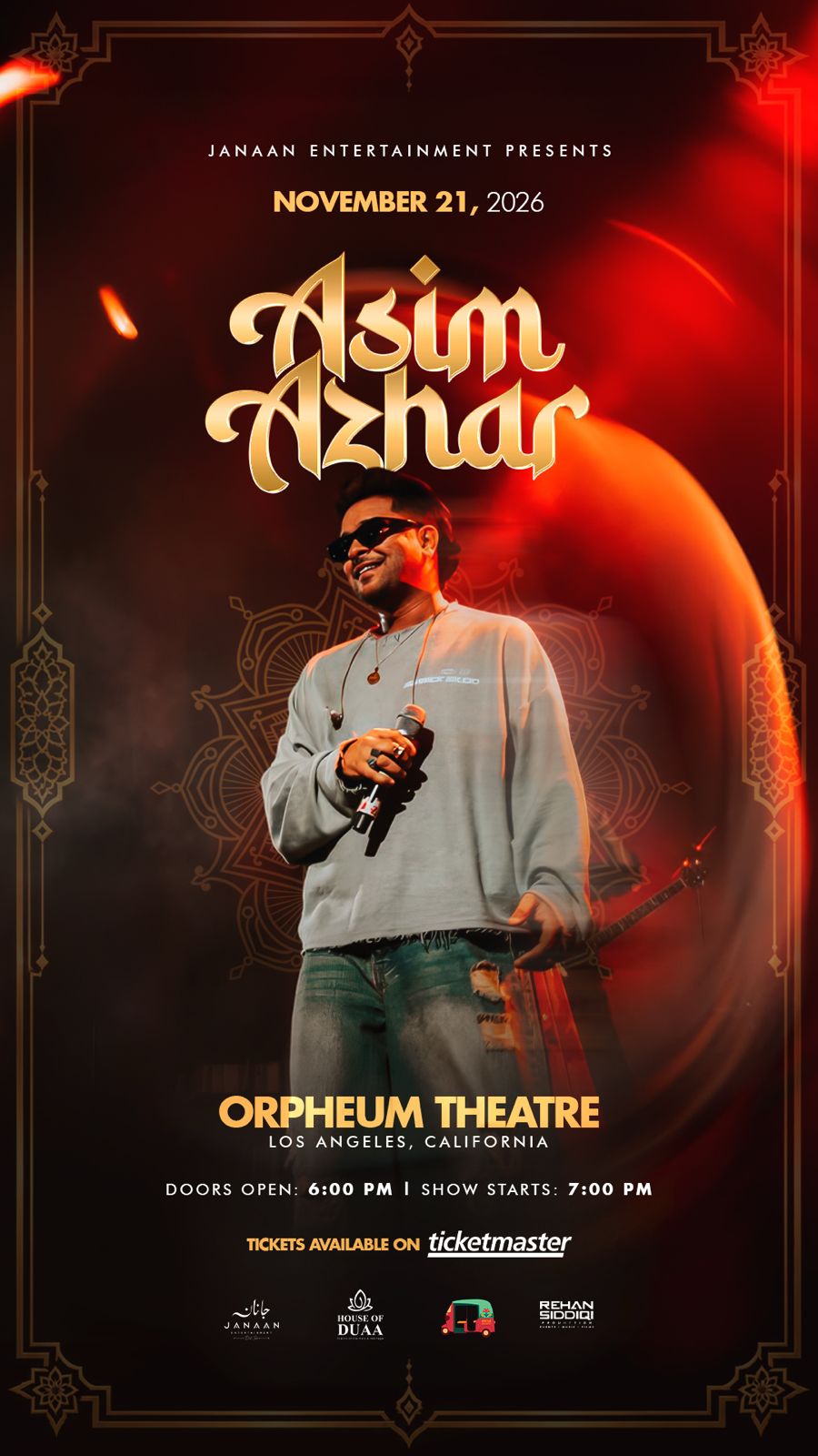Asim Azhar live at the Orpheum Theatre, Los Angeles — November 21, 2026. Doors 6:00 PM, show 7:00 PM.